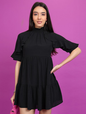 Tokyo Talkies Women Ruffled Black Above Knee/Mid Thigh Length Dress