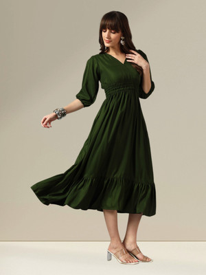 Raiyani Enterprise Women Fit and Flare Green Midi/Calf Length Dress