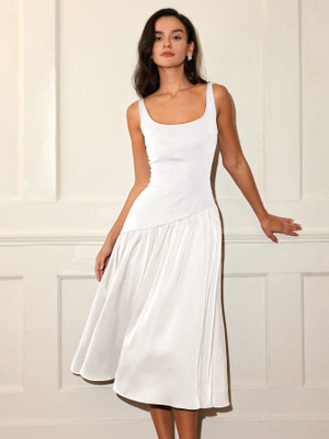 OUTZIDR Women Fit and Flare White Midi/Calf Length Dress