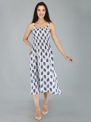 DIAMO Women Ethnic Dress White, Dark Blue Knee Length Dress