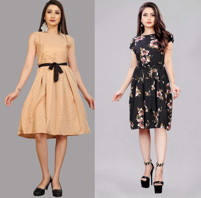 tanvi creation Women Fit and Flare Multicolor Below Knee Dress