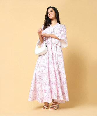 SHOWOFFFF Women Fit and Flare Pink Maxi/Full Length Dress