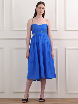 PURVAJA Women Fit and Flare Blue Midi/Calf Length Dress