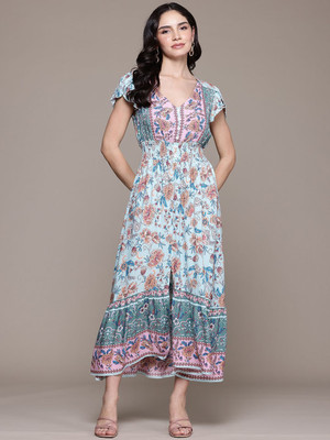 bebe Women Fit and Flare Blue Midi/Calf Length Dress