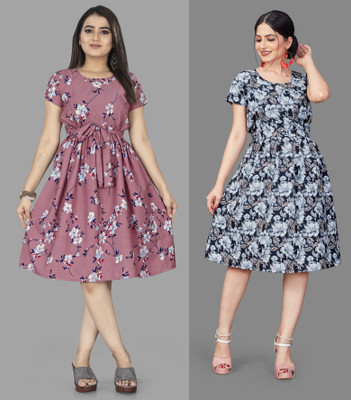HouseOfCommon Women Fit and Flare Multicolor Knee Length Dress