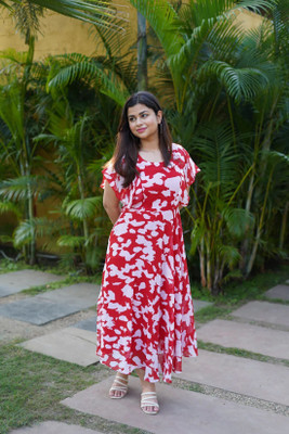 Fashion2wear Women Fit and Flare Red, White Maxi/Full Length Dress