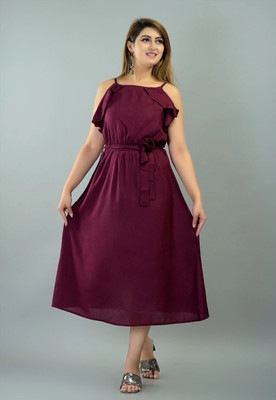 IQRAAR Women Fit and Flare Purple Midi/Calf Length Dress