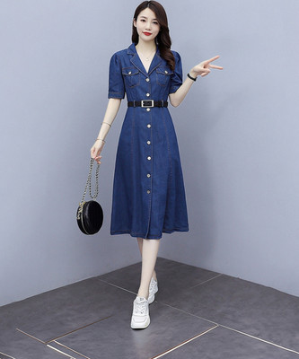 Trendzilla Women A-line Dark Blue Midi/Calf Length Dress