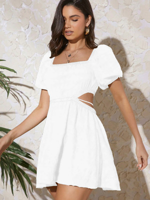 Aahwan Women A-line White Above Knee/Mid Thigh Length Dress