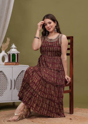 MUHANA Women A-line Maroon Midi/Calf Length Dress