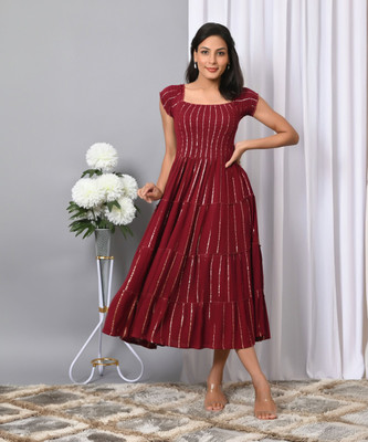 IQRAAR Women A-line Maroon Below Knee Dress