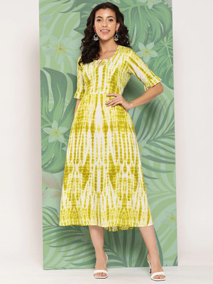 mokshi Women A-line Green Midi/Calf Length Dress