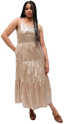 GAP Women Tiered Beige Ankle Length Dress