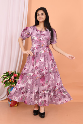 SHREESHYAMDARBAR Women Gathered Purple Maxi/Full Length Dress