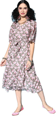 PANIT Women A-line Grey, Pink Midi/Calf Length Dress