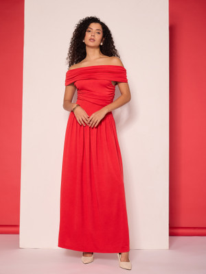 Uptownie Women Fit and Flare Red Maxi/Full Length Dress