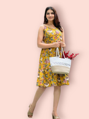 Carftwellstudio Women Gown Yellow Knee Length Dress