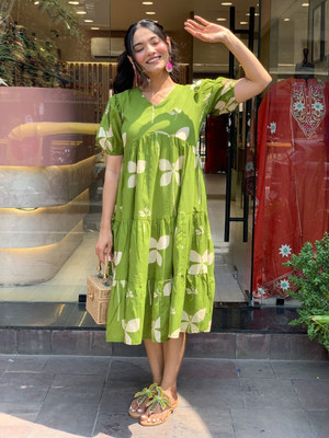 GROMint Women Fit and Flare Green Midi/Calf Length Dress