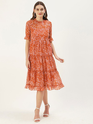 Dressberry Women Fit and Flare Orange Knee Length Dress