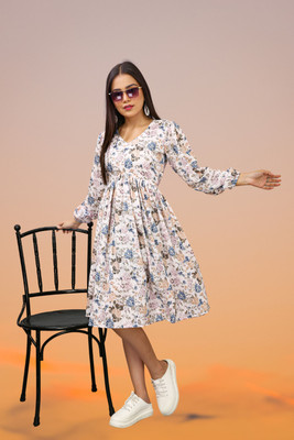 kilkilat Women Fit and Flare White Knee Length Dress