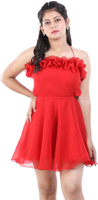KIYOO Women Fit and Flare Red Mini/Short Dress