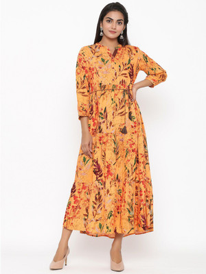all about you Women A-line Yellow Midi/Calf Length Dress