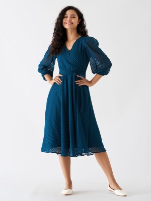 AASK Women Fit and Flare Blue, Dark Blue Dress