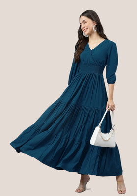 Jash Creation Women Fit and Flare Dark Blue Maxi/Full Length Dress