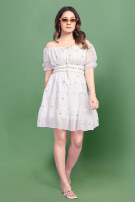 fiora Women A-line White Above Knee/Mid Thigh Length Dress