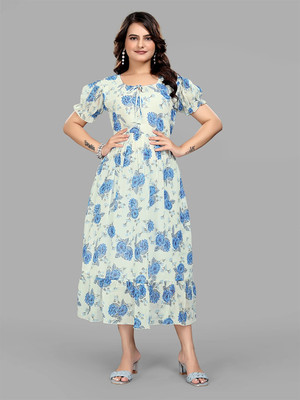 GROMint Women Fit and Flare Blue Midi/Calf Length Dress