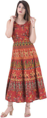 RAJDEVI JAIPUR PRINTS Women Fit and Flare Red Maxi/Full Length Dress