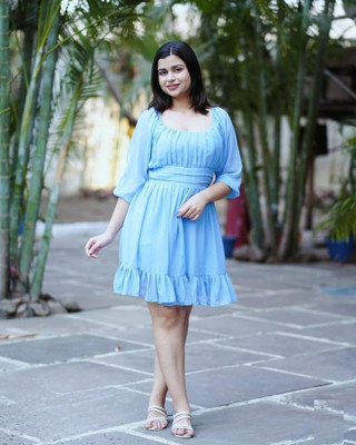 Fashion2wear Women Skater Light Blue Mini/Short Dress