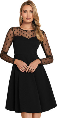 HEER FASHION Women Fit and Flare Black Knee Length Dress