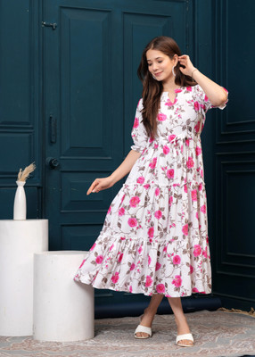 TEESHA Women Fit and Flare White, Pink Midi/Calf Length Dress