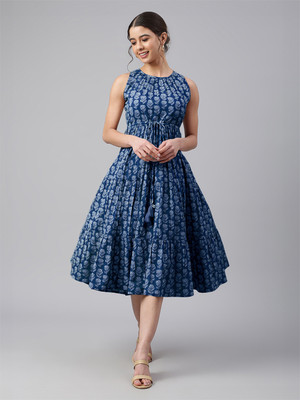 Janasya Women Tiered Blue Midi/Calf Length Dress
