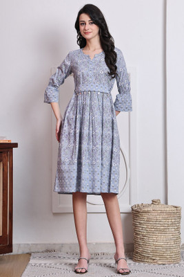 Wonder Weaves Women A-line Grey Knee Length Dress