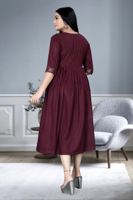 ShopGlobal Women A-line Maroon Midi/Calf Length Dress