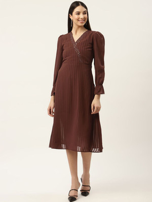 Moda Rapido Women Fit and Flare Brown Below Knee Dress