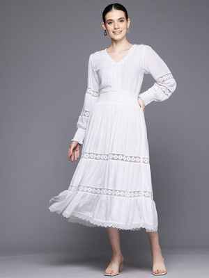 Avlet Women Fit and Flare White Midi/Calf Length Dress