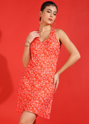 Yash Gallery Women A-line Orange Above Knee/Mid Thigh Length Dress