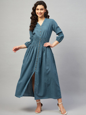 aaheli Women Fit and Flare Dark Blue Maxi/Full Length Dress