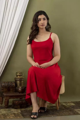 Biubaa Women Fit and Flare Red Midi/Calf Length Dress