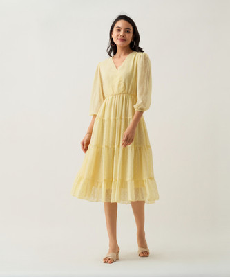 AASK Women Fit and Flare Yellow Midi/Calf Length Dress