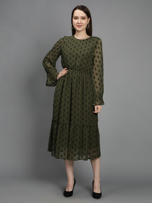 MINGLAY Women A-line Dark Green Midi/Calf Length Dress