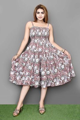 Talha Fashion Women A-line Brown, White Midi/Calf Length Dress
