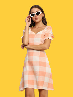 INNAYARA DIVIRTA Women Fit and Flare Pink, White Knee Length Dress