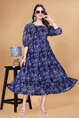 HouseOfCommon Women Ethnic Dress Blue Knee Length Dress