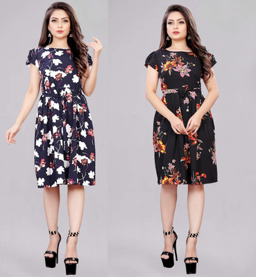 maruti fab Women Fit and Flare Blue Knee Length Dress