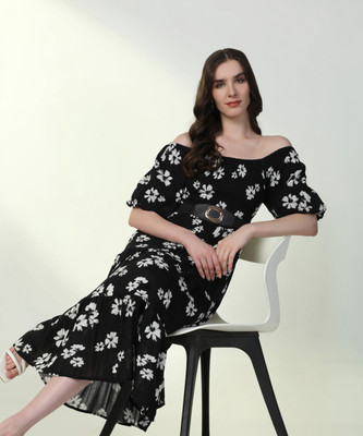 SHOWOFFFF Women Fit and Flare Black Midi/Calf Length Dress