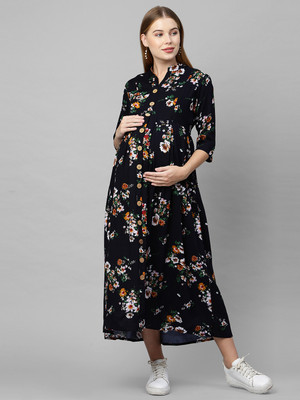 MomToBe Women Fit and Flare Dark Blue Midi/Calf Length Dress